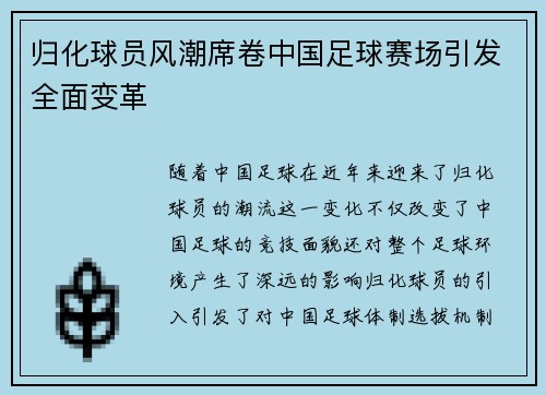 归化球员风潮席卷中国足球赛场引发全面变革